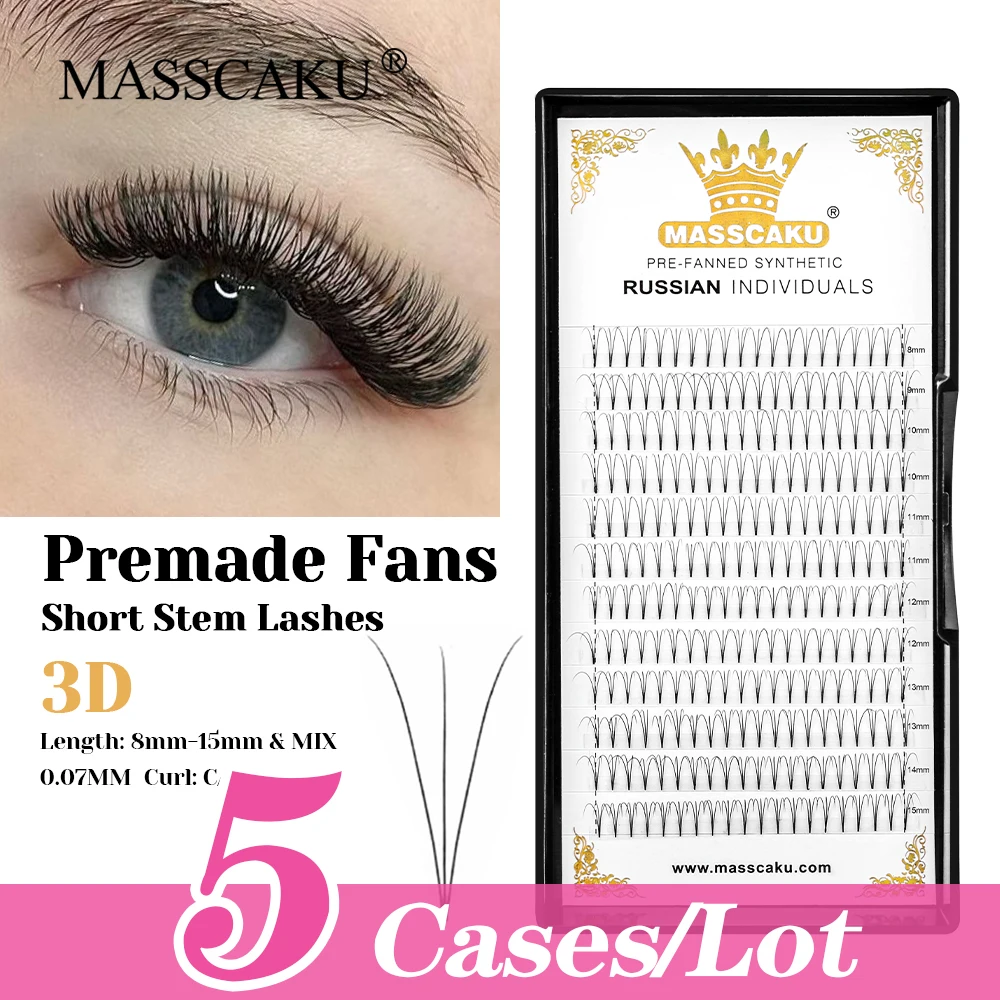 

Wholesale All Size 5cases/lot MASSCAKU Synthetic Mink Thin Root Short Stem Eyelash 0.07/0.10mm Thickness Premade Fans Lash Trays