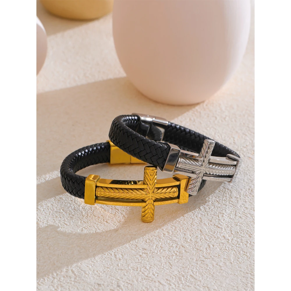 Yhpup 67mm Men Vintage Stainless Steel Metal Cross Wide Bracelet Bangle Handmade Braided Waterproof Jewelry Accessories ift