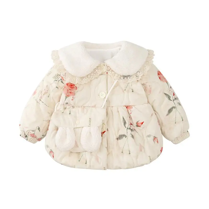 

2024 Winter Newborn Rabbit Flower Coat Cute Baby Girl Thick Warm Outer Wear Toddler Girls Clothes Children Overcoat with Bag