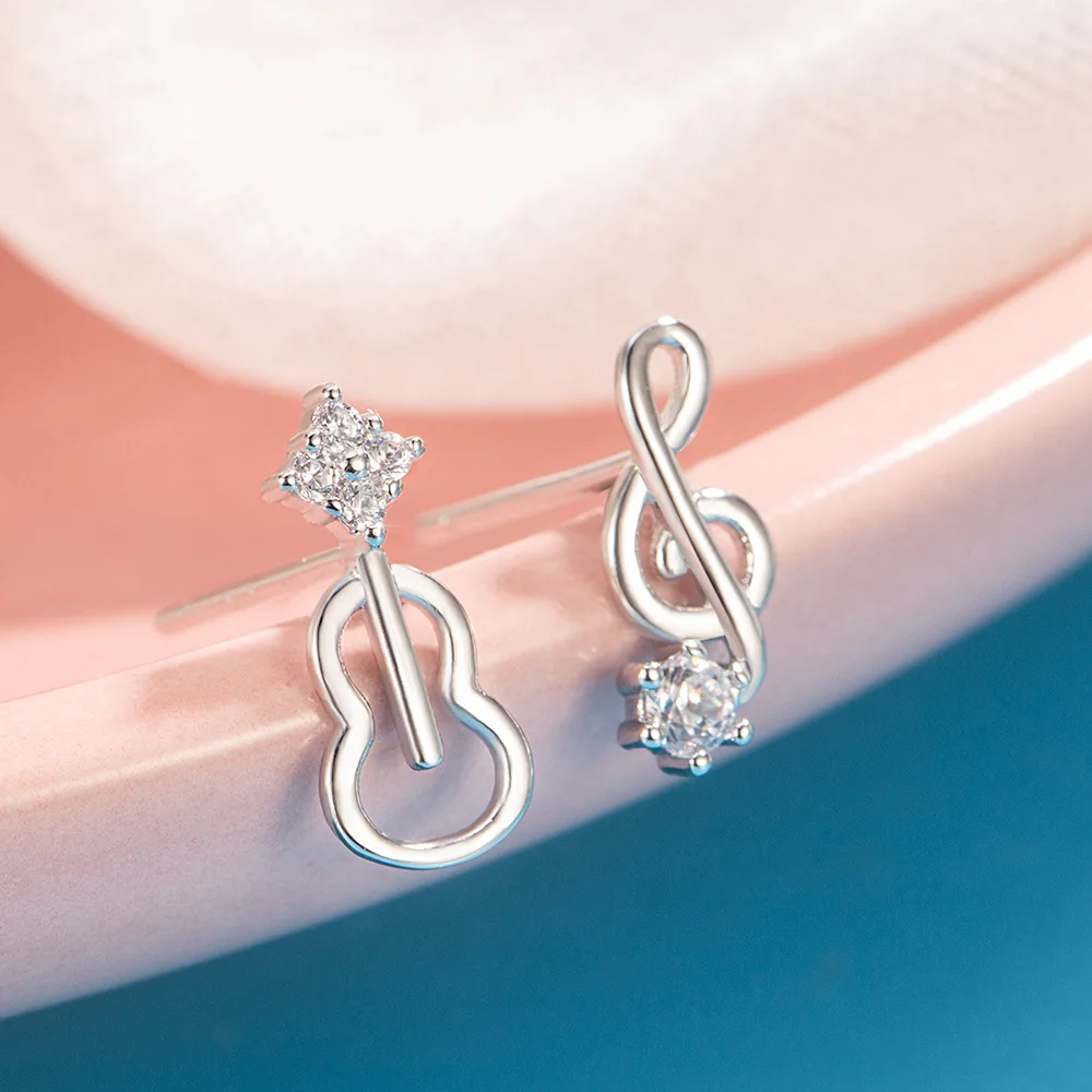 925 Sterling Silver Fashion Asymmetric Guitar Notes Stud Earring For Women Wedding Minimalist Fine Jewelry Brinco de Prata DB110