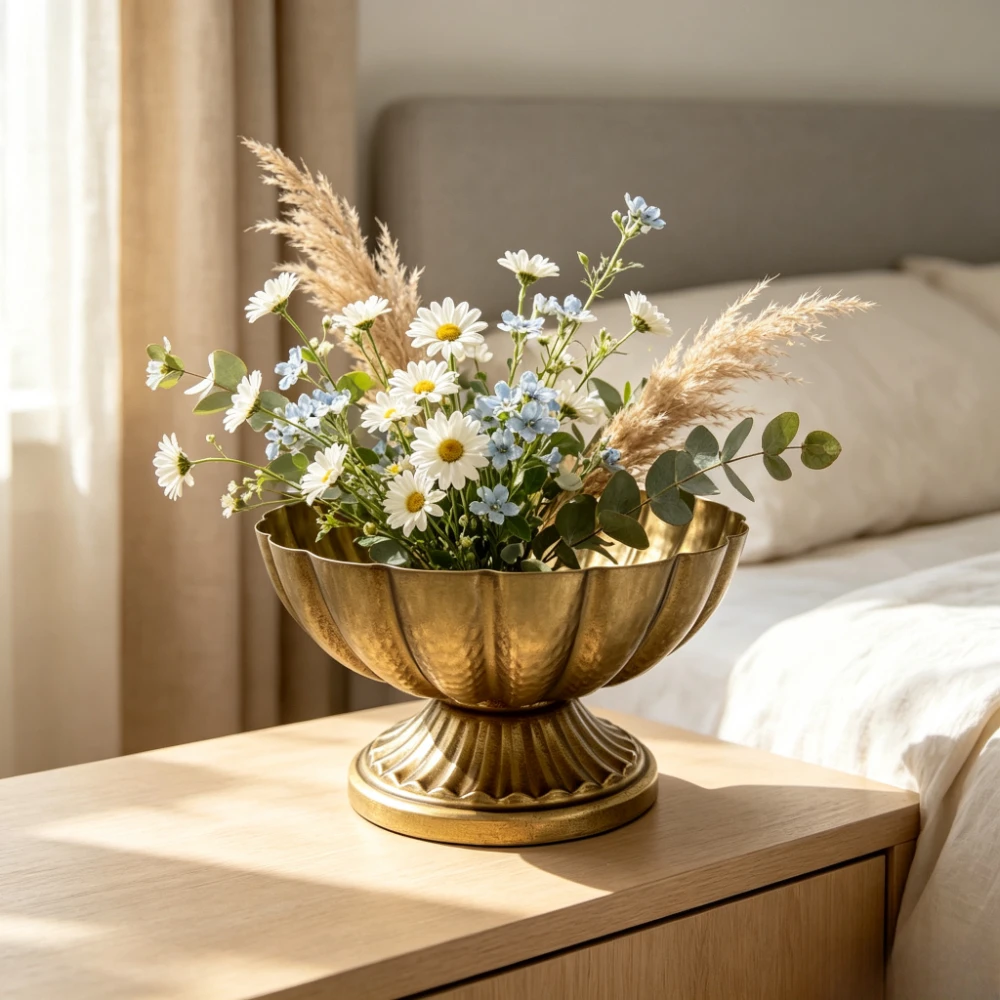 Golden Bowl Vase Golden Vintage Floral Arrangement Container Retro Wide Mouth Flowerpot Living Room Desktop Decor Home Ornament