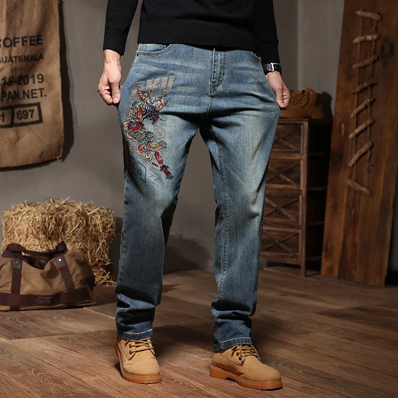 Fashion Style Embroidery Jeans Mens Clothing Straight Leisure Denim Pants Jean Plus Size 42 44  Men's Trousers Bottoms