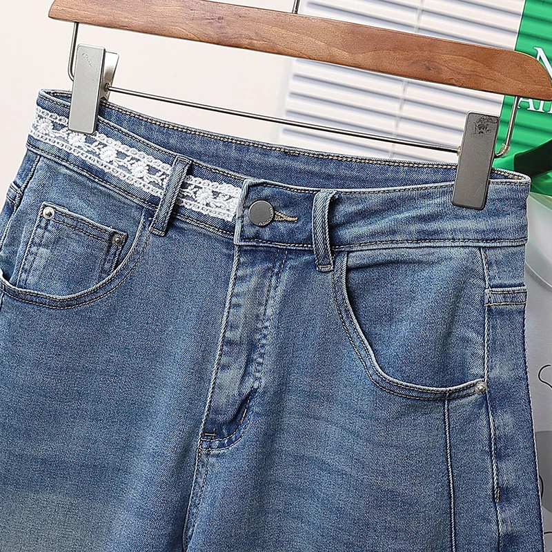 Fashion lace splicing elastic denim shorts women's summer new loose and slimming wide leg five quarter mid length pants