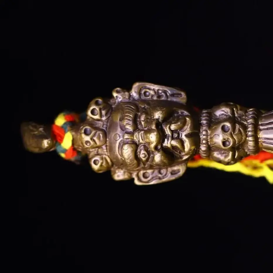 

9"Xizang Folk Collection Old Bronze Cinnabar Skull Hayagriva Head Vajra Phurpa Pendant Amulet Dharma Town house