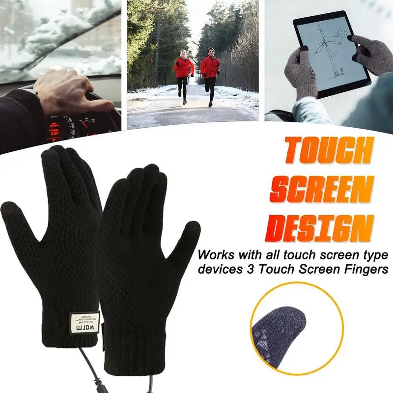 Electric Heated Gloves Full Finger Warmer USB Rechargeable Touch Screen Knitted Gloves Hand Warmer Outdoor Riding Skiing Mitten