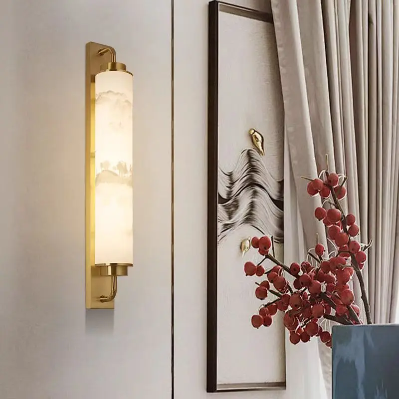 Luxury Long Strip Acrylic Wall Lamp Vintage All Copper LED Light Bedroom Bedside Zen Living Room Background Hallway Wall Sconces