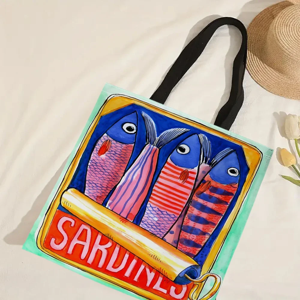 Bunte, trendige Sardinen-Druck-Freizeithandtasche, wiederverwendbarer modischer Rucksack, multifunktionale Einkaufstasche, Polyester-Einkaufstasche – Detail 24