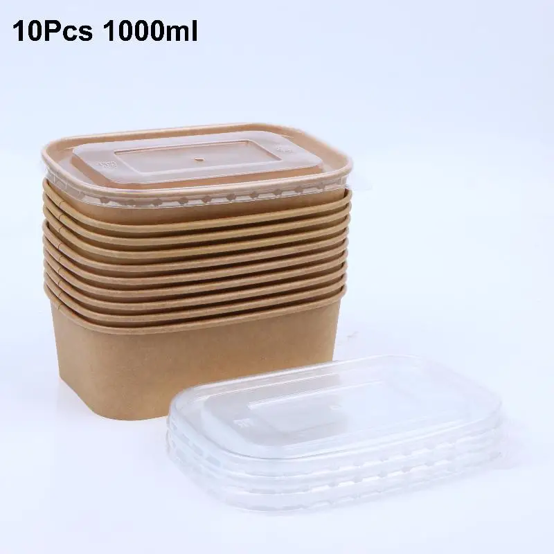 10PCS/Set Disposable Lunch Box Kraft Paper Square Lunch Box Fast Food Packing Boxes Paper Bowls With Lid Household Bento Boxes