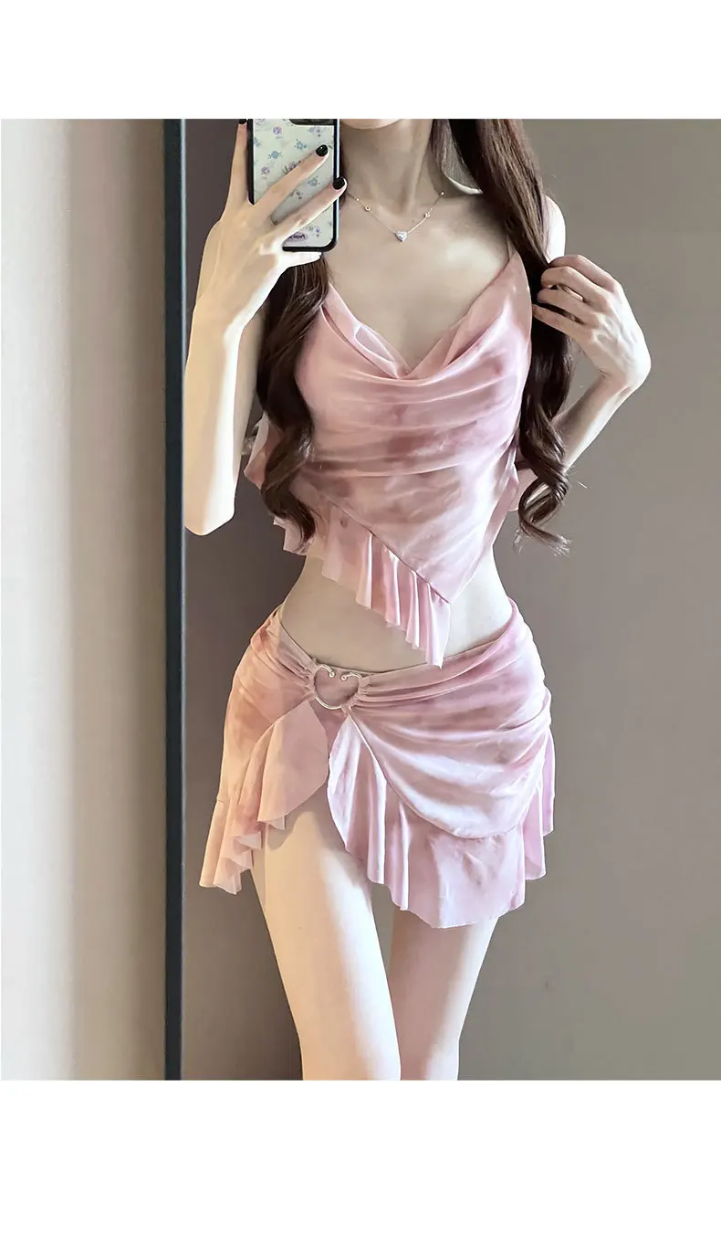 Sexy Badeanzug Frauen Bikini Set Mode Y2K Rosa Split Badeanzug Drei Stück Frauen Bademode Bade Chic Urlaub Beachwear