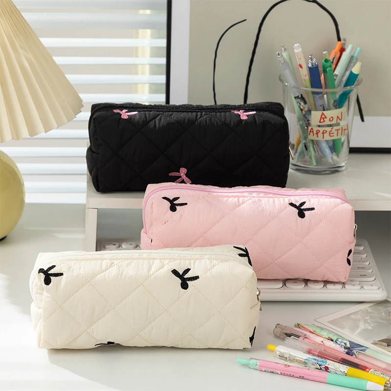 Simples bowknot grande capacidade saco de lápis ins estilo fresco acolchoado sacos de armazenamento estacionário para meninas maquiagem bolsa lápis caso