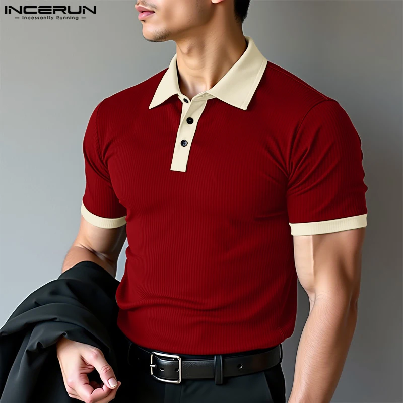 

INCERUN Men Shirt Patchwork Lapel Short Sleeve Skinny Casual Male Shirts Summer Tops Streetwear 2025 Fashion Men Clothing S-5XL