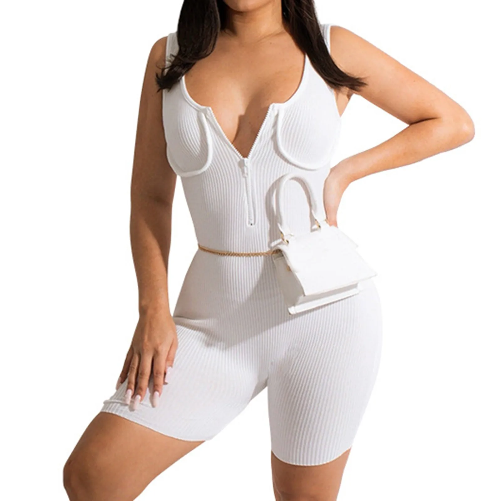 

Women's Sexy Jumpsuit 2024 Summer Fashion Streetwear Sleeveless Cutout Bodysuit Solid Color Knit Sports Playsuit Street Wear