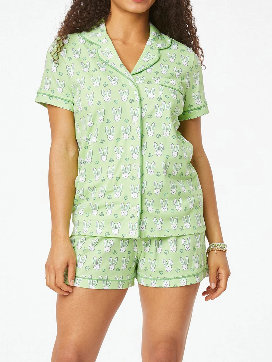 Women Pajama Set Rabbit Print Short Sleeve Button Closure Shirt with Shorts Sleepwear Loungewear