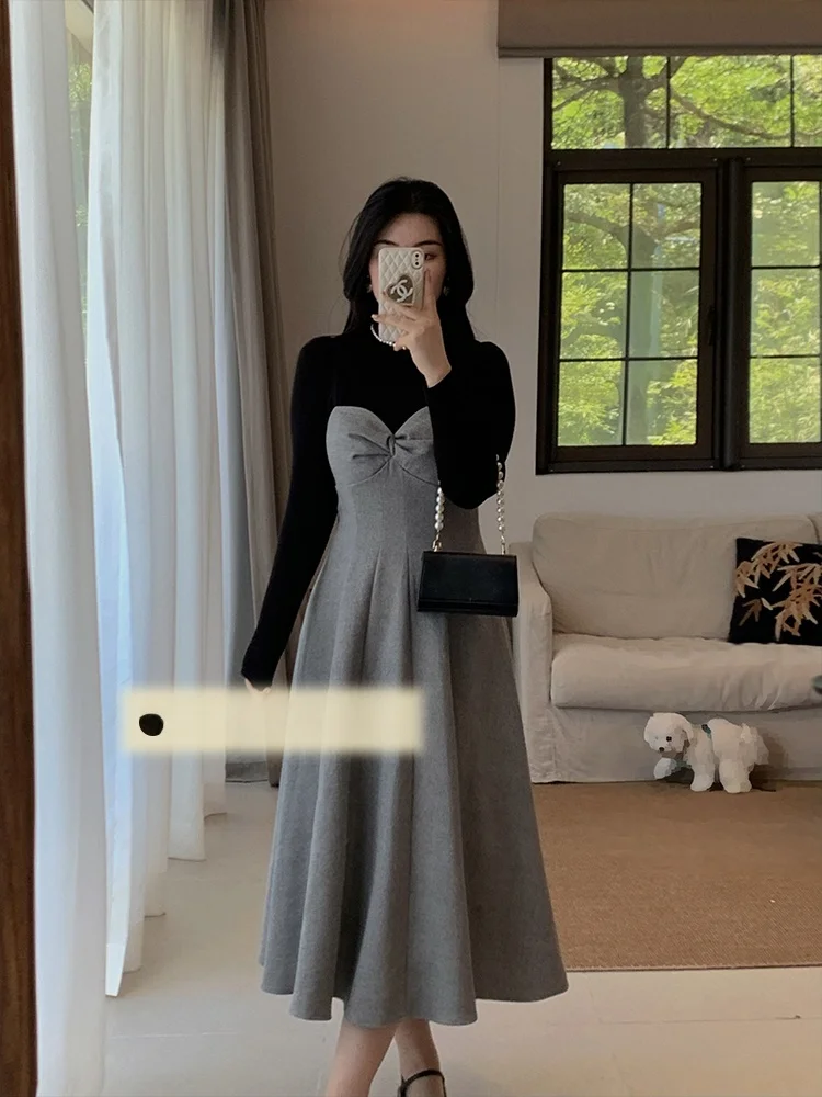 

a Fat Hong Kong Style Women's Dress Black Sesame Paste Elegant A-Line Skirt Polyester Fabric Autumn Winter Casual Wear Q7521