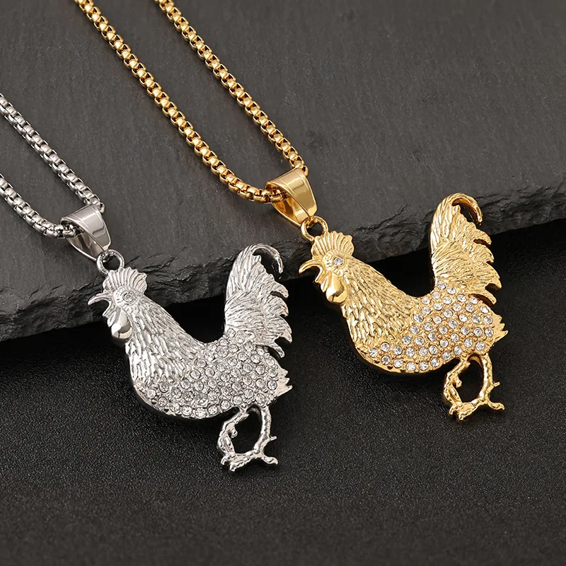 Stainless steel vacuum gold plated rooster animal pendant with diamond