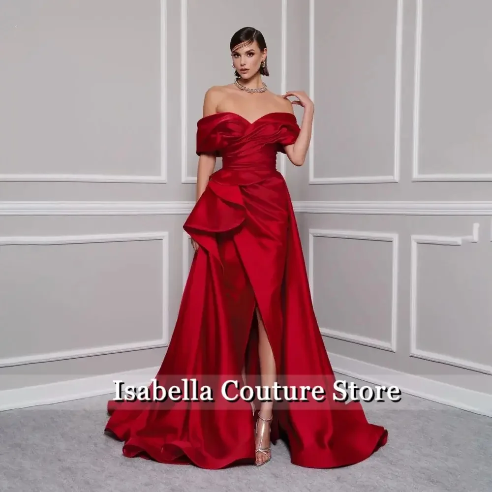 Red Elegant Prom Gown V-Neck Off the Shoulder Party Dress for Woman Satin Pleating Side Split Evening Dresses Customized