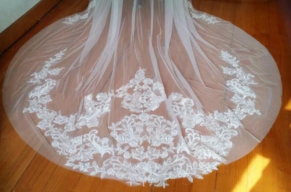 Cape de mariée en dentelle, châle blanc/ivoire, dos en V, avec appliques, voile Long, avec traîne