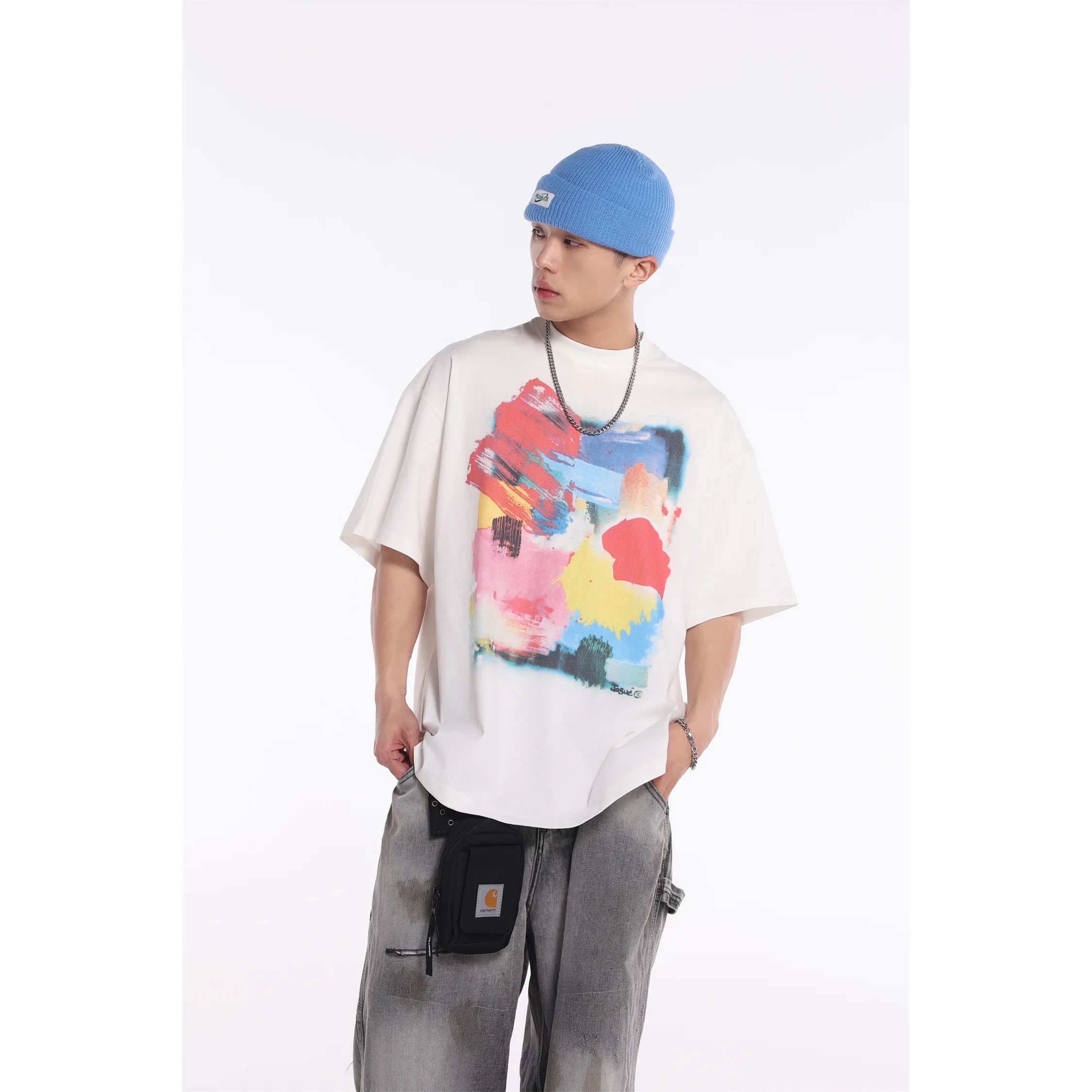 Street Style Graffiti Print Gold Lettering Loose Unisex Cotton Short Sleeve T-Shirt Youth Fashion Casual Wear City Walk Daily