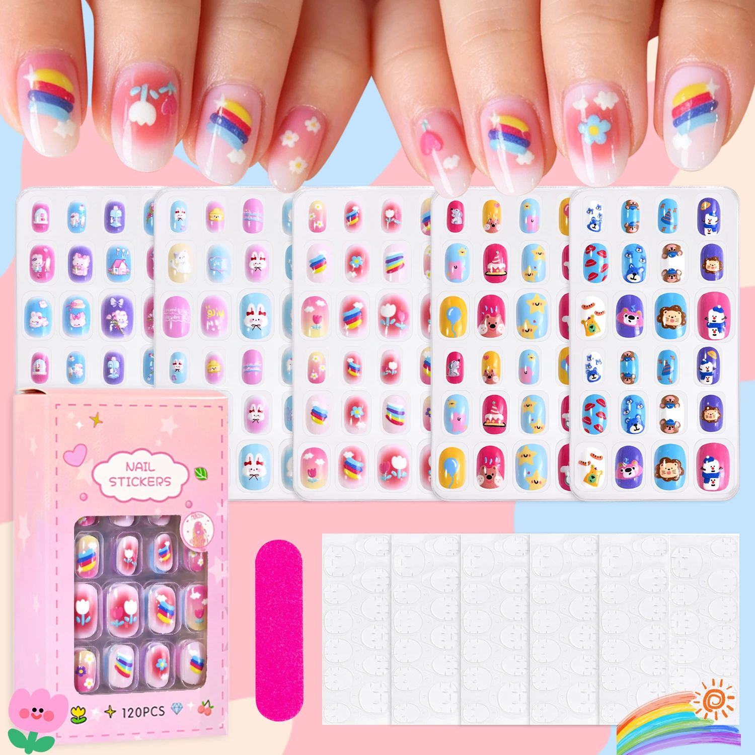

120Pcs New Press On Nails Set, 5 Pack Cute Cartoon & Rainbow Full Cover False Nails, Pre-Designed Nail Tips + Jelly Glue & Tools