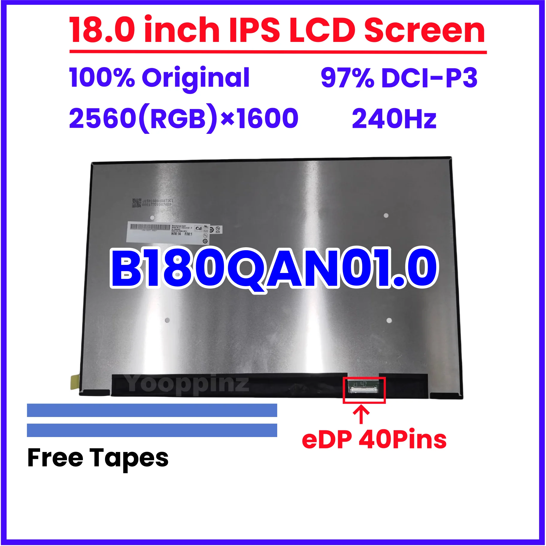 

18.0 Inch Laptop LCD Screen B180QAN01.0 fit NE180QDM-NZ2 2.5k 2560×1600 240hz Display Panel Laptop Matrix Replacement