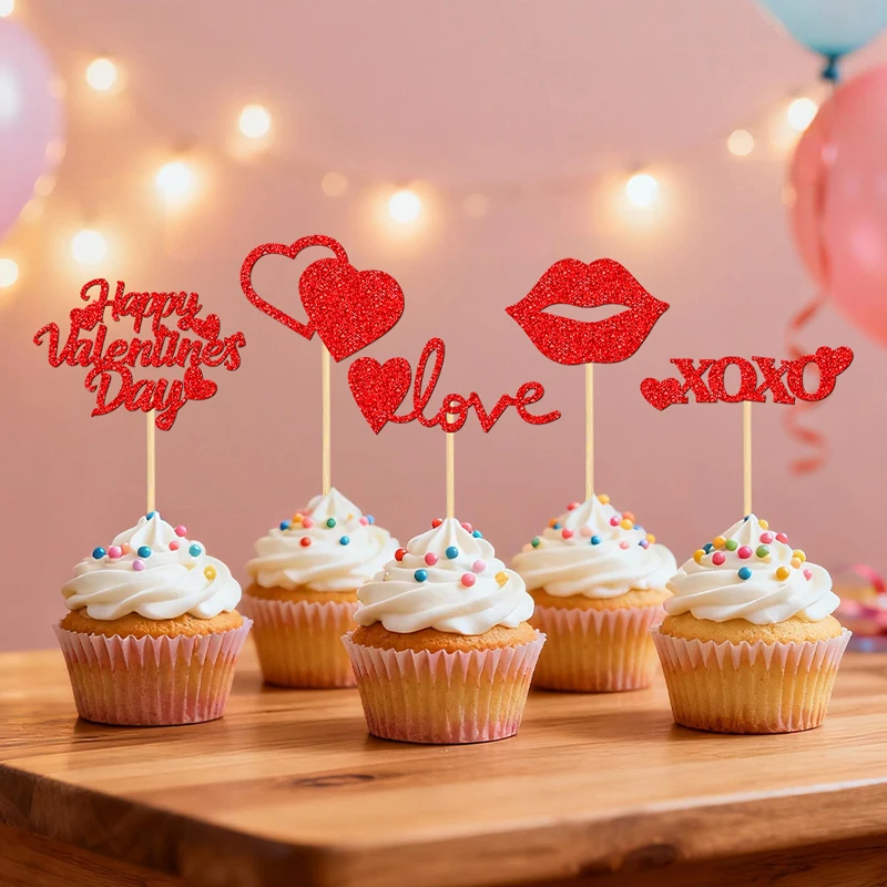 YOMDID 25 Stück Valentinstag-Kuchenaufsätze, glitzernde Cupcake-Topper zum Valentinstag, Liebesherz-Designs, Cupcake-Picks für Hochzeiten