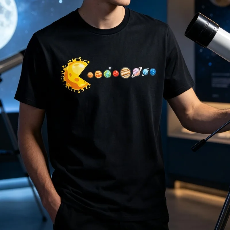 Sun Eating Planets Men’s Space Design T-Shirt Casual Modal Graphic Tee for Astronomy Lover Science Fan Streetwear Gift
