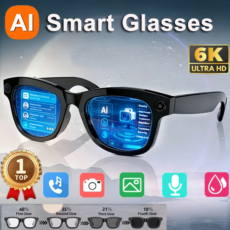 6K HD AI Camera Glasses 800MP Photochromic Multifunctional Smart Glasses Bluetooth Calling Photo Video ChatGPT Music Translatio