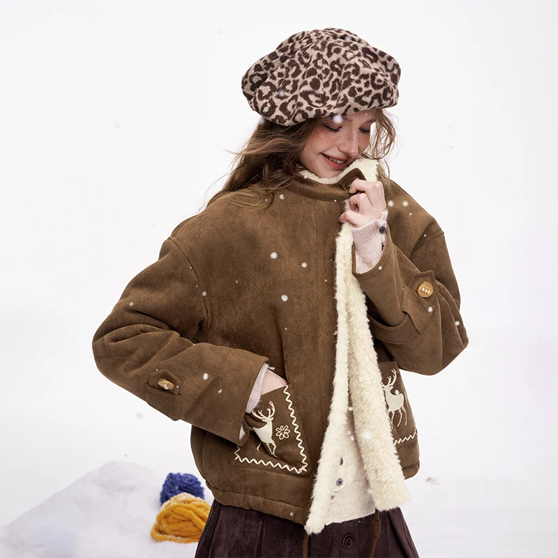 ELFSACK Preppy Cute Solid Deer Graphic Plush Coat For Women