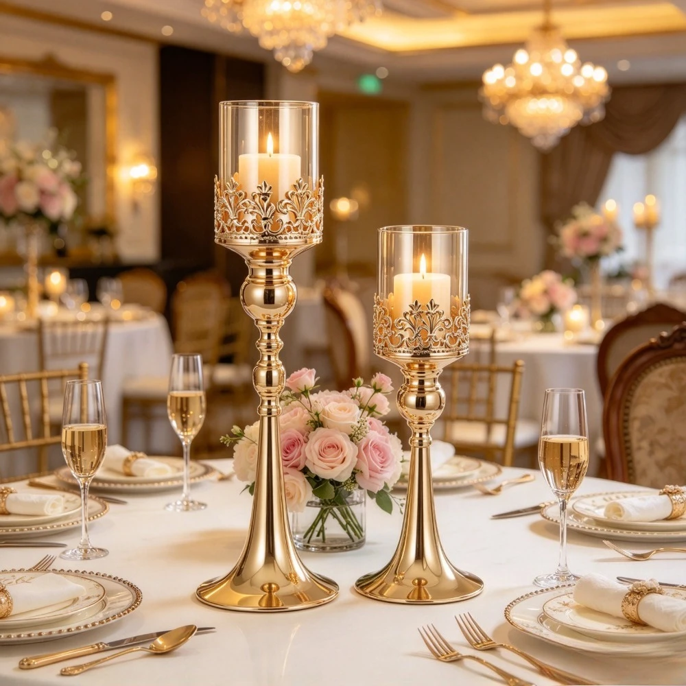 Gold Candle Holder Set Pedestal Candlestick with Glass Shade Wedding Table Centerpiece for Christmas Home Party Decor