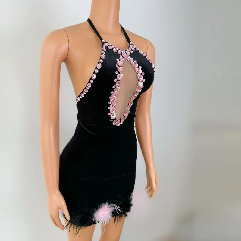 Robe de spectacle de chanteur pour femmes, en velours noir, avec strass, tenue de Festival, Bar Ds Dj Gogo, Costume de danse, vêtements de club sur scène, XS9378