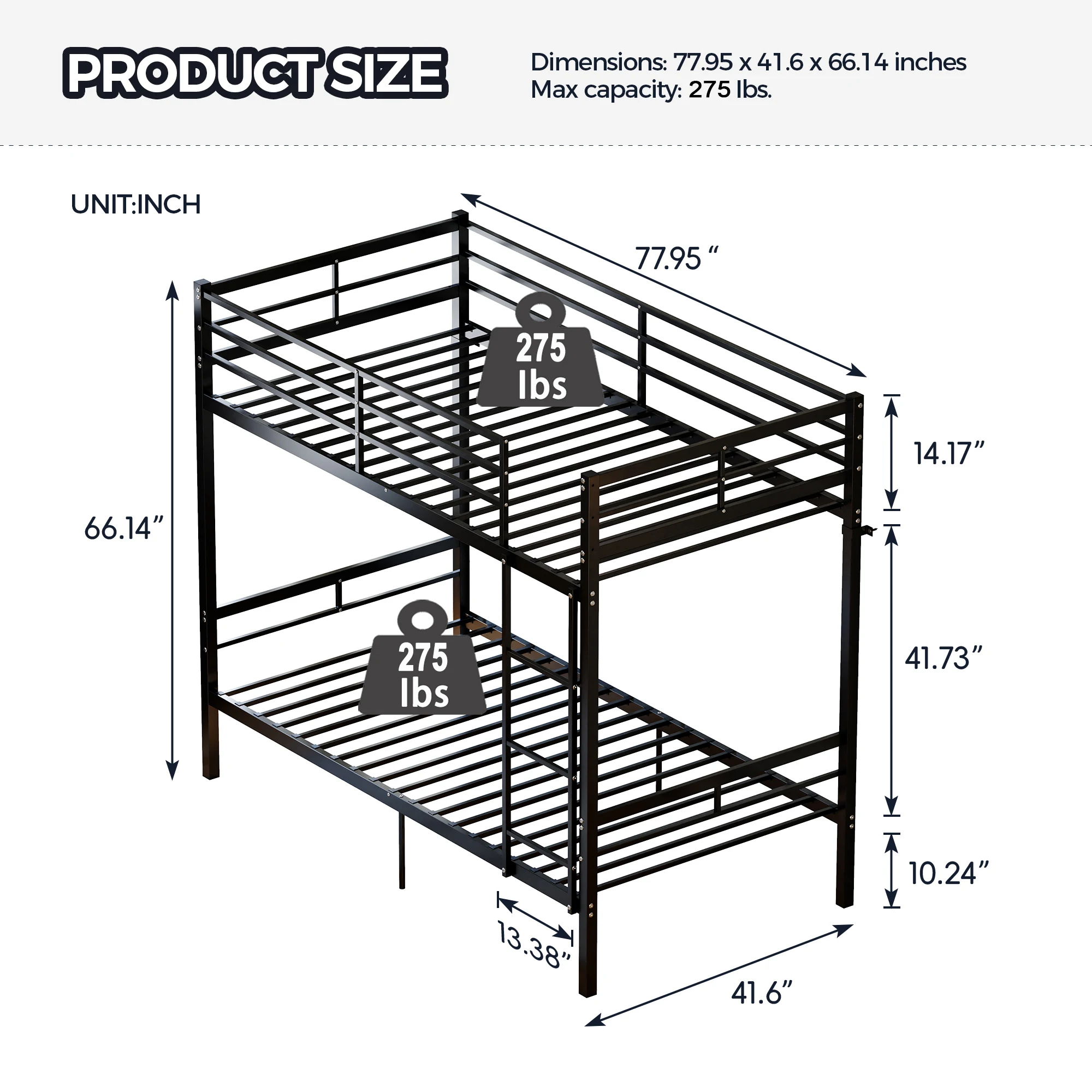 Bunk Bed with Ladder and high Guardrail, Able to Split, Metal Bunk Bed, Storage Space, Noise Free,Twin Over Twin Size,Black