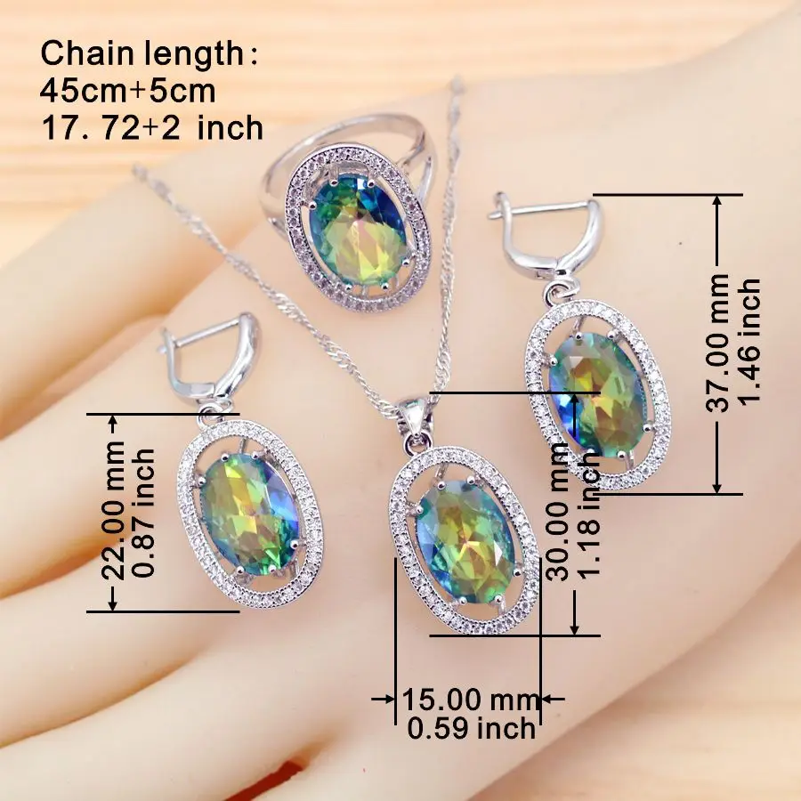 Classic Rainbow  Multicolor Zirconia Silver Color Jewelry Sets for Women Earrings Necklace Ring Wedding Gift