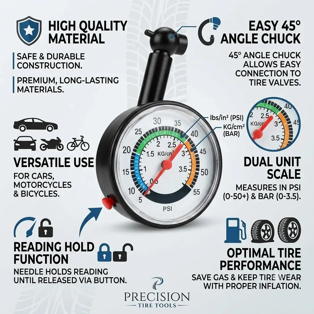 Analog Dial Tire Pressure Gauge, Wheel Tire Tyre Air Pressure Gauge Tester, Universal Fit Sedan SUV Motorcycle Truck RV, Heavy D