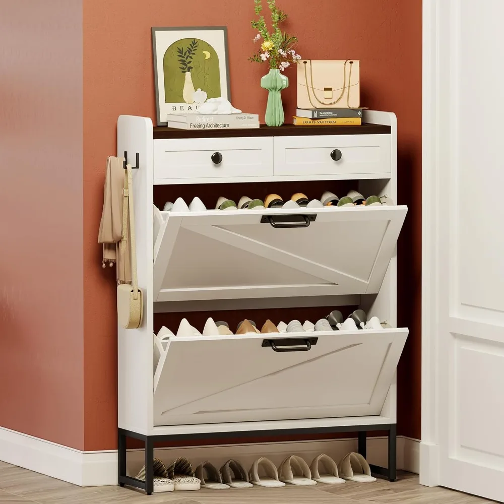 

Farmhouse Style Slim Shoe Organizer with Flip Drawers and Fabric Storage for Entryway