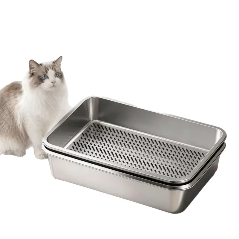 New Design Stainless Steel Screening Cat Litter Box with Open Top Easy To Clean Large Size Pet Toilet Cat Litter Box