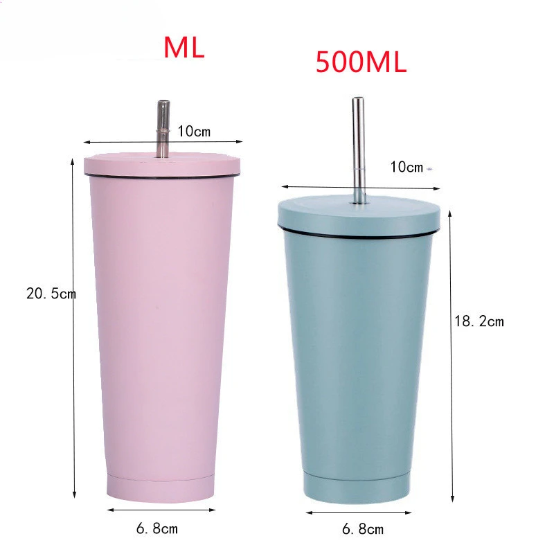 500/750ml Large Capacity Stainless Steel Double Wall Vacuum Insulated Tumbler with Straw and Lid Coffee Mug Travel Cup Boba Cup