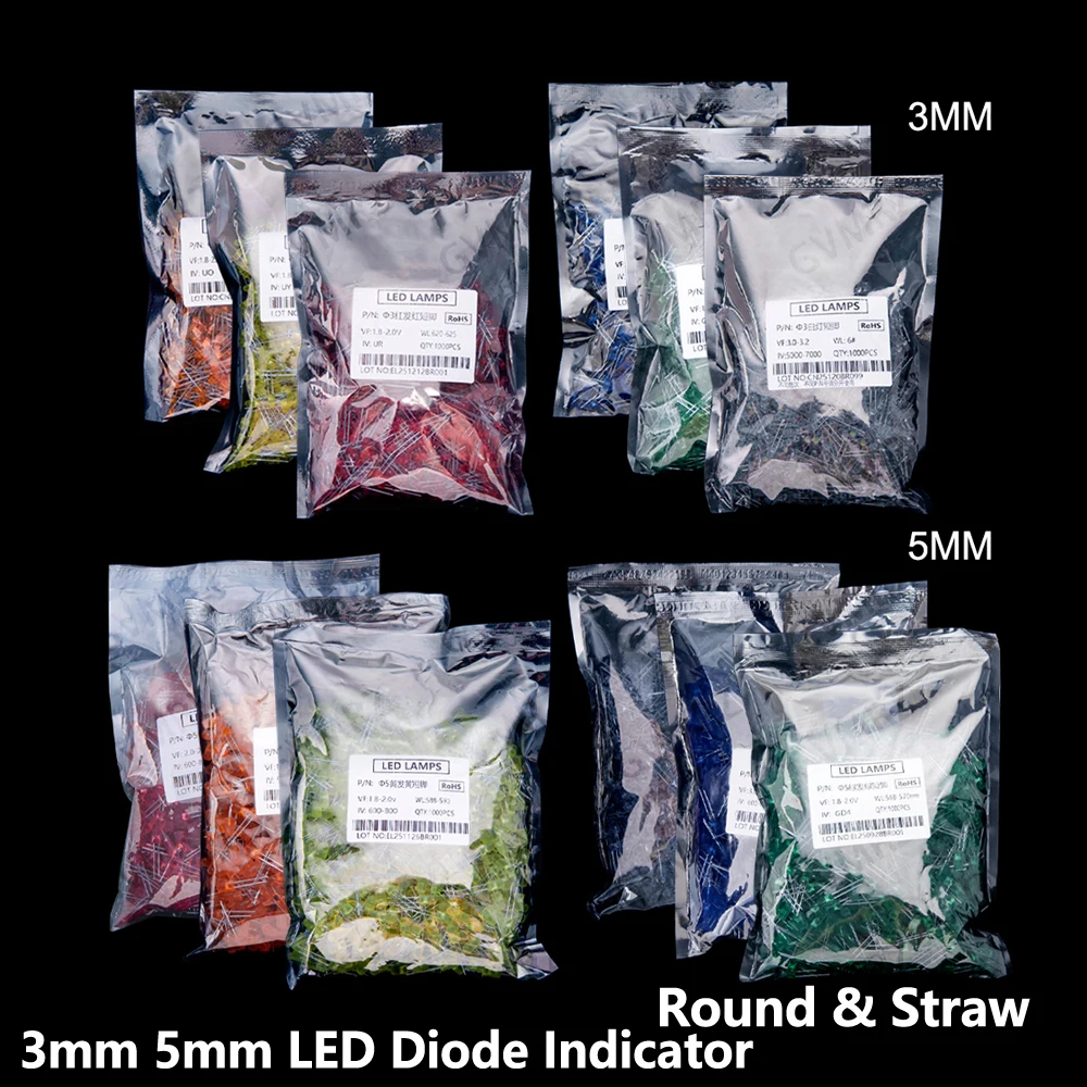 1000PCS 3mm 5mm LED Diode Indicator Assorted Colors Round & Straw Hat Short Lead Electronic Component 3mm 5mm