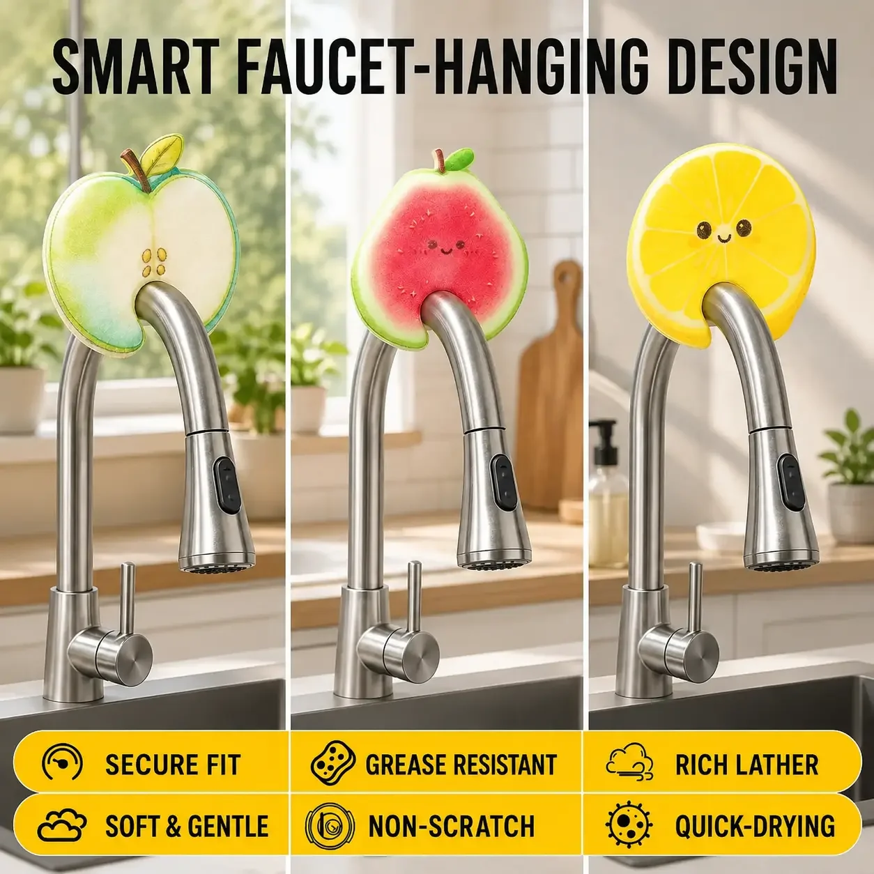 3 Pack Compressed Cellulose Sponges Fruit Shaped Natural Pop Up Dish Sponge for Kitchen Cleaning for Dishes & Household Cleaning