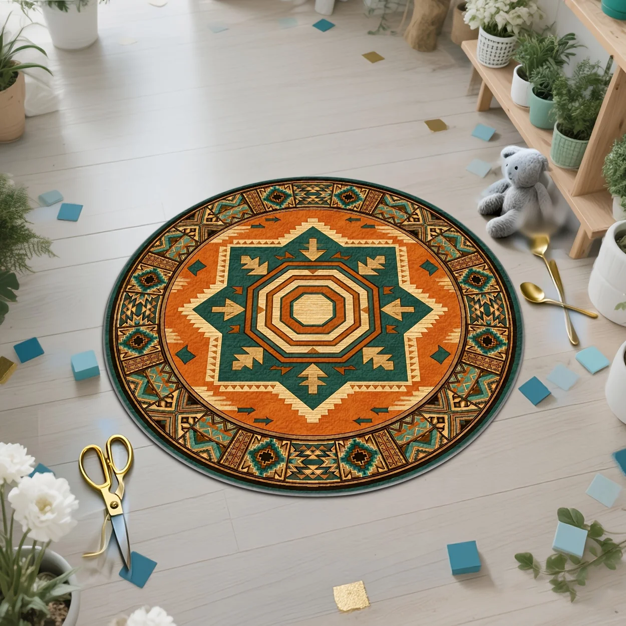 Vintage White Brown Golden Line Art Floral Round Commercial Floor Rug Welcome Decor For Warm Tone Living Room