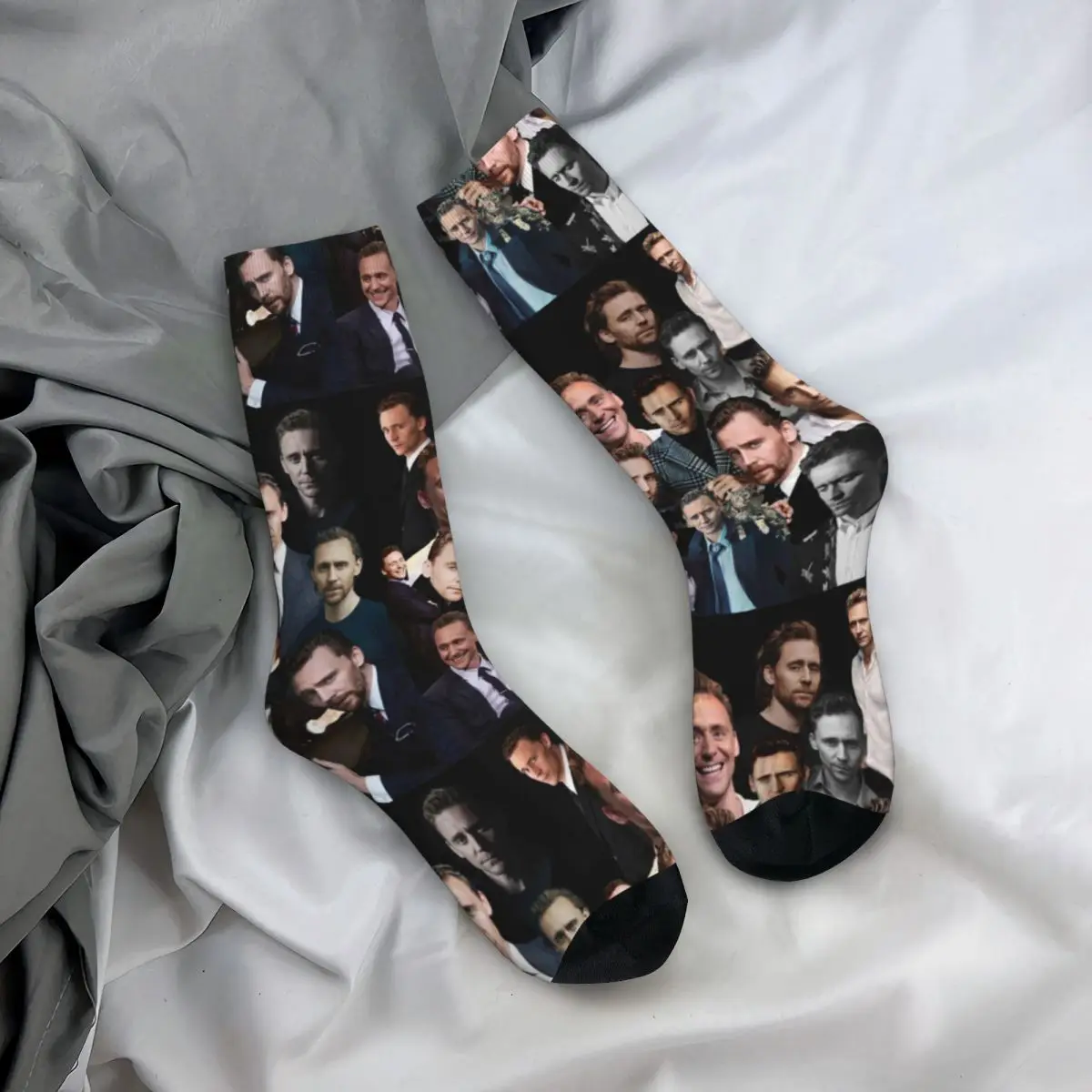 

Harajuku Tom Hiddleston Photo Collage Basketball Socks Polyester Crew Socks for Women Men Breathable