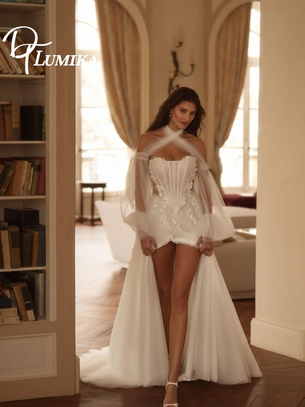 

Elegant Puff Sleeve Wedding Dress, Elegant 3d Applique Bridal Gown, Graceful a-Line Floor-Length Wedding Gown Customized