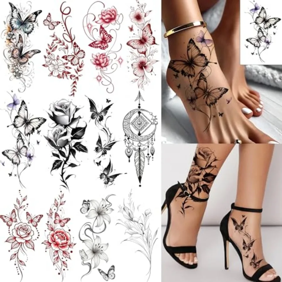 

2 Seets autiful Butterfly Flowers Temporary Tattoos Women Feet an Body Art, Realistic Ro P Floral Fake Tattoo Sticker Legs An