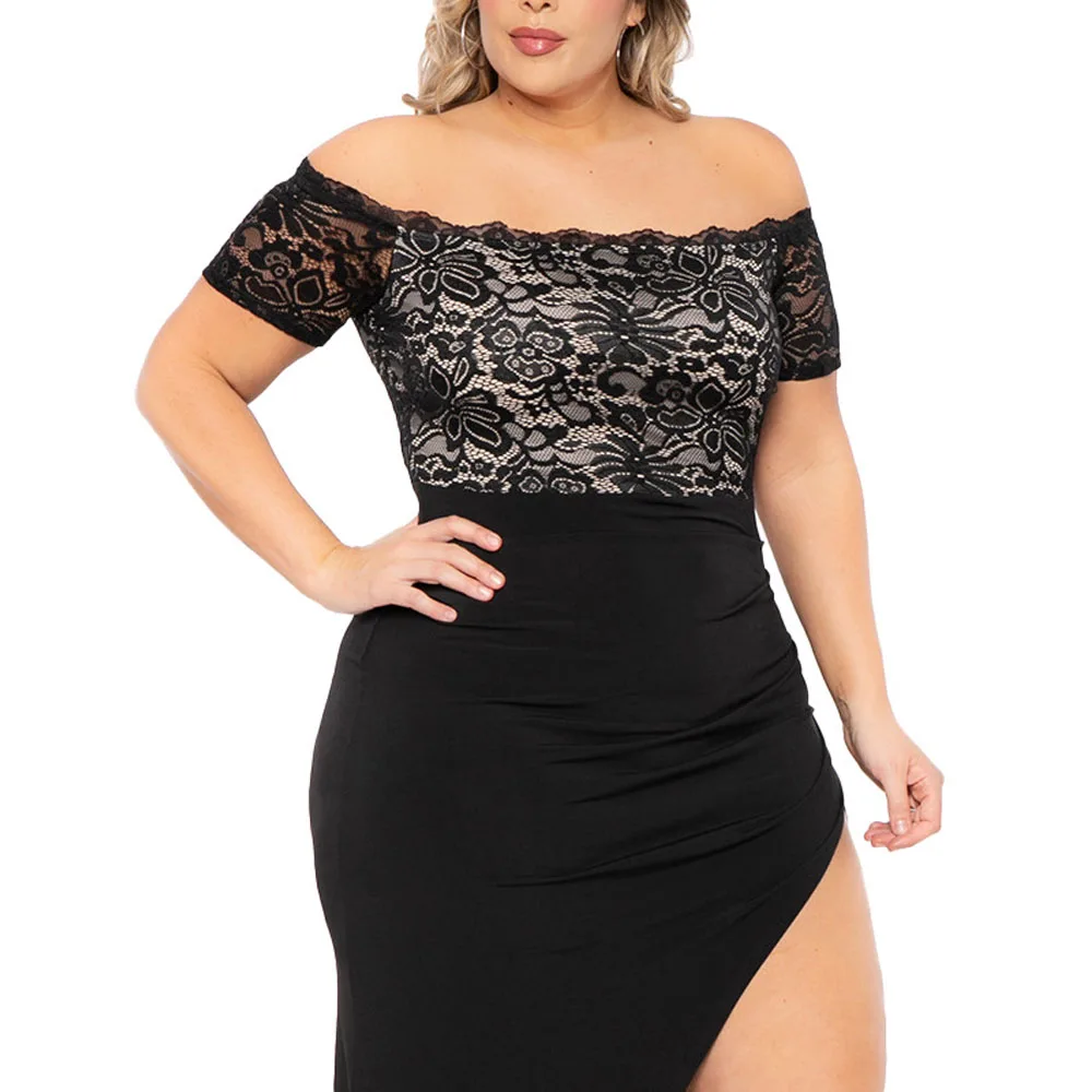 Sexy Off Shoulder Big Size Dress Women 2023 Slash Neck High Split Lace Mesh Bodycon Evening Party Dresses Plus Size Clothing