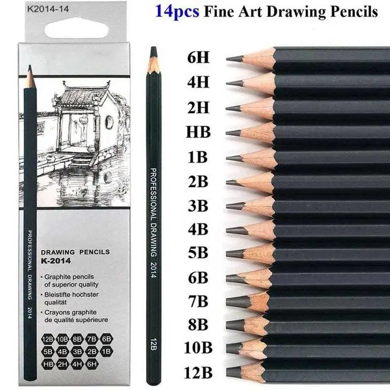 14Pcs/Set Sketch Drawing Pencil Wooden Professional Art Supplies Hard/Medium/Soft Sketch Charcoal Pencils Drawing Pencil Set