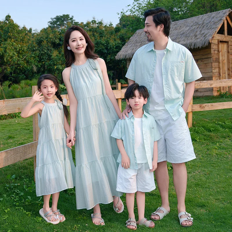 French Mint Green Sleeveless Vest Dress Family Matching Outfits Children Father Son T Shirt Set Beach Vacation Mother Daughter