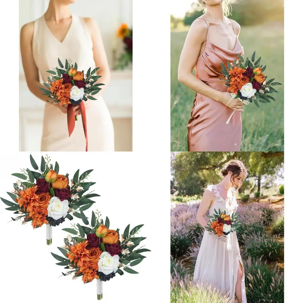 

Искусственные свадебные букеты для подружек невесты в цветах обожженного оранжевого и терракоты, для осенней церемонии