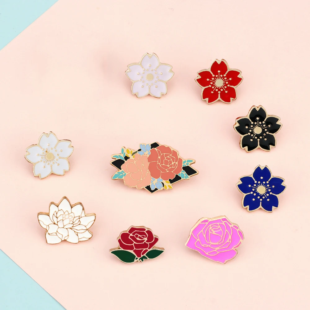 Romantic Flower Series Enamel Pins Sweet Red Rose Cherry Blossom Lotus Brooches Women Jewelry Lapel Pin Badge Anniversary Gifts