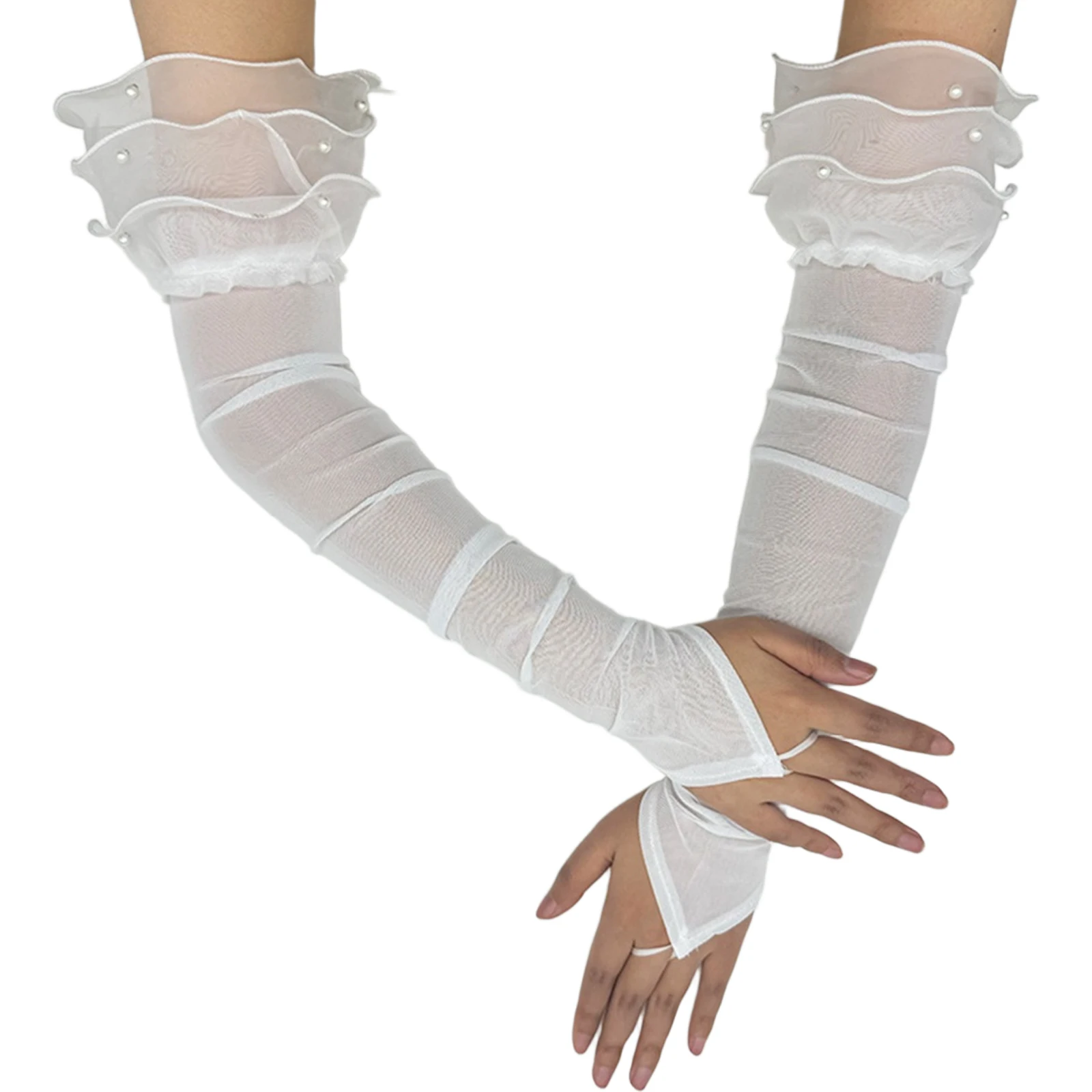 Guanti sexy da donna lunghi senza dita trasparenti con elasticità in rete con gancio per dito, etichetta solida, accessori per cosplay