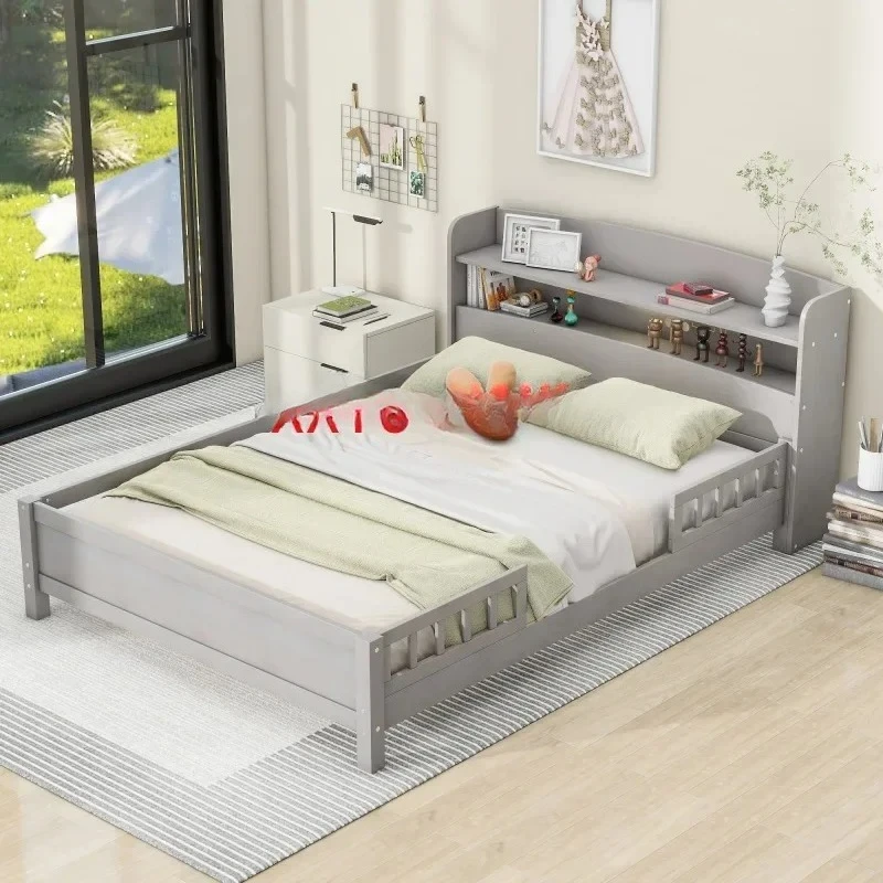 

Деревянная полноразмерная кровать-платформа со встроенной светодиодной подсветкой, изголовьем и ограждением для хранения вещей для внутренней мебели для спальни, античный серый цвет