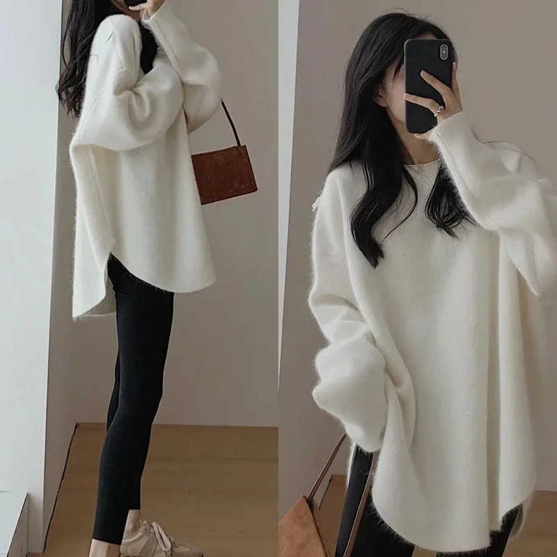 New Winter Womens Pullovers Sweaters Solid Color Mid length Loose Lazy Senior French Elegant Pullovers Bottom Knitwear Jumpers